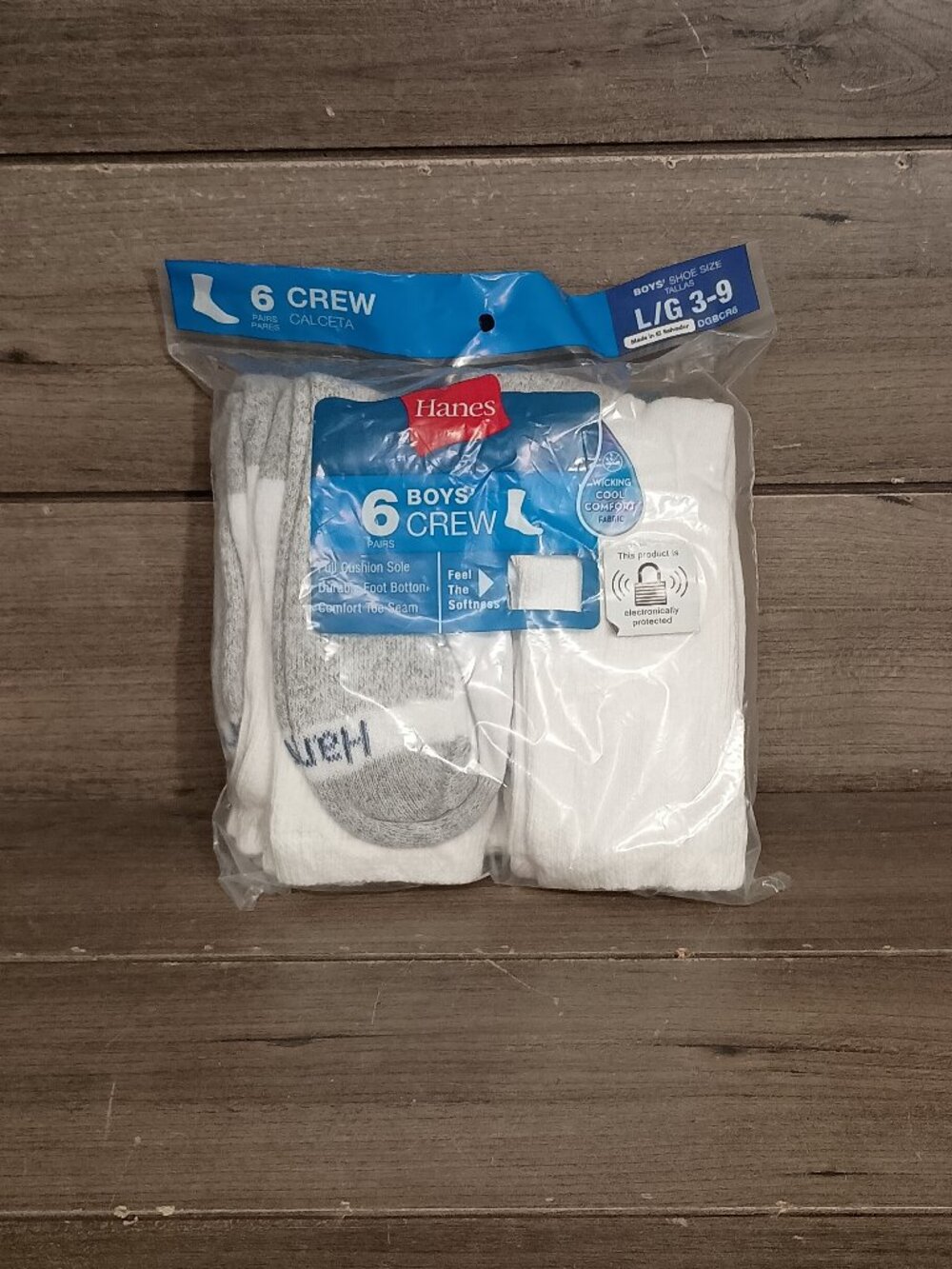Hanes 6 Pairs Boys Crew Socks Large Shoe Size 3-9 White Gray Heels New